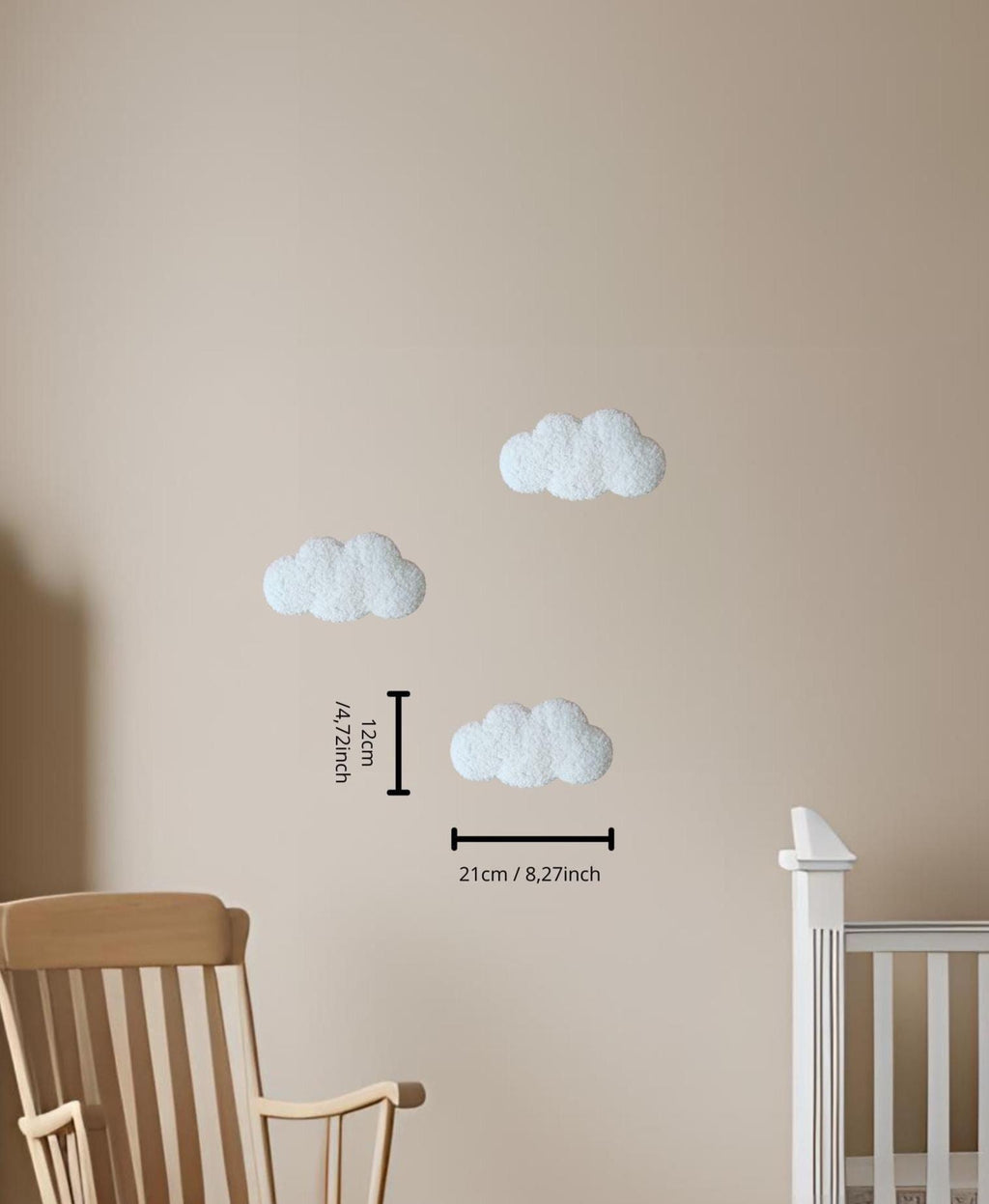 Set van 3 Kleine Wolken – Kinderkamer Decor – 21x12cm – Zachte Textuur teddystof – Neutrale Babykamer Accessoire gebroken wit