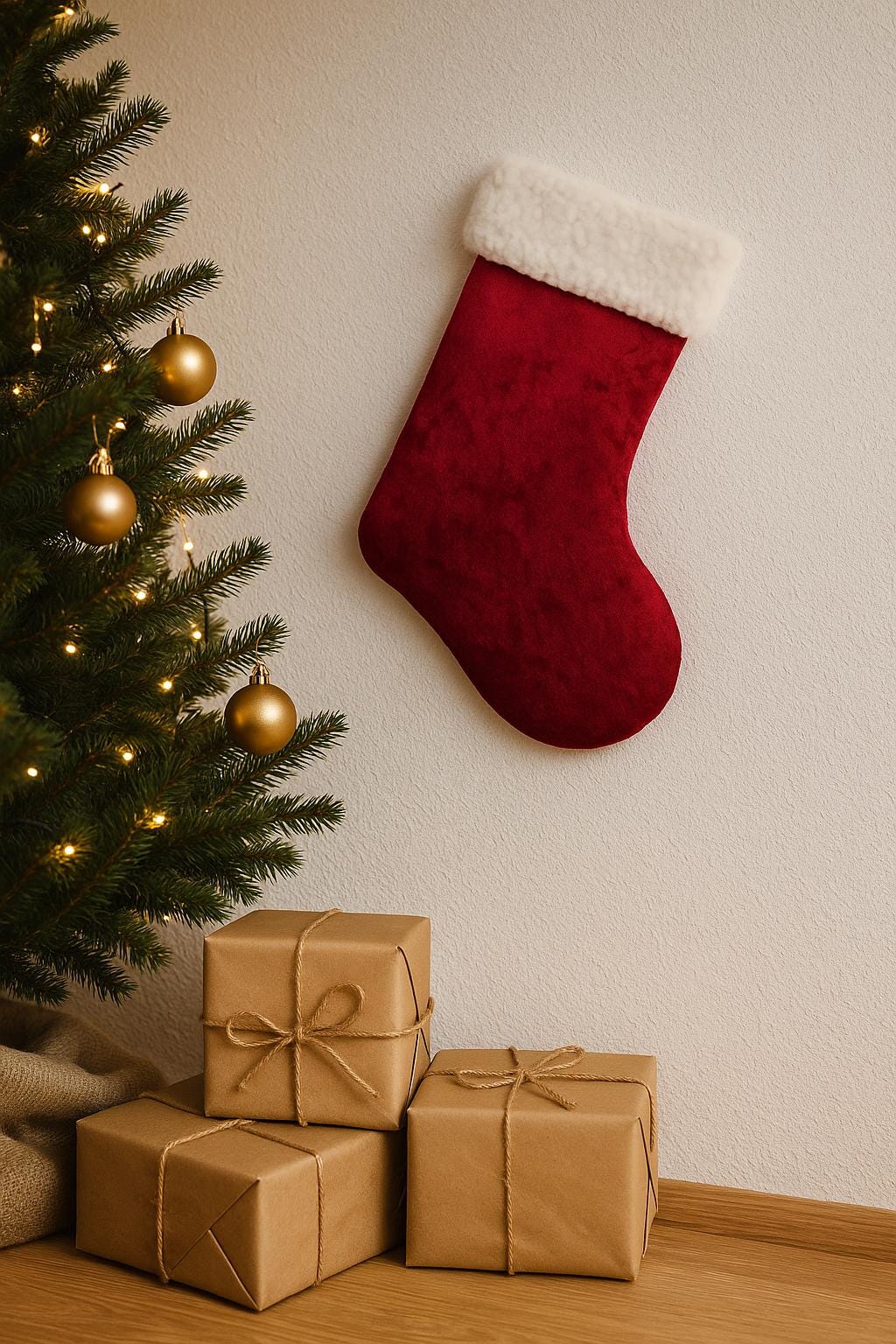 Santa Stocking Christmas Wall Decoration 30×21 cm  Decorative Velvet Stocking with White Teddy Trim Holiday Wall Hanging (Not Storage)