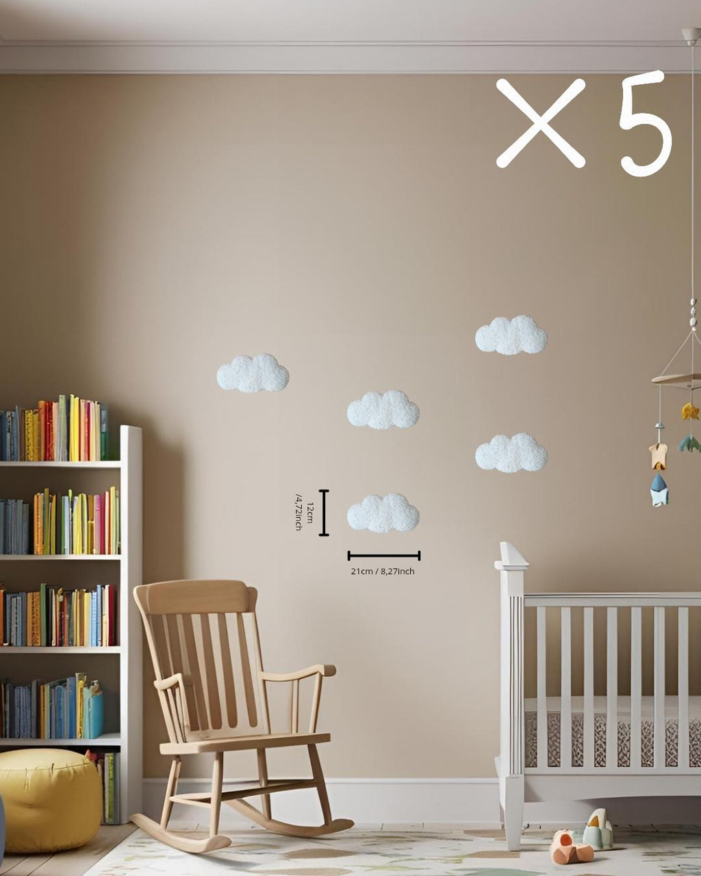 Set of 5 Mini Cloud Wall Decorations - Soft Teddy Fabric Nursery Decor - Handmade Baby Room Styling - Baby Shower Gift Idea