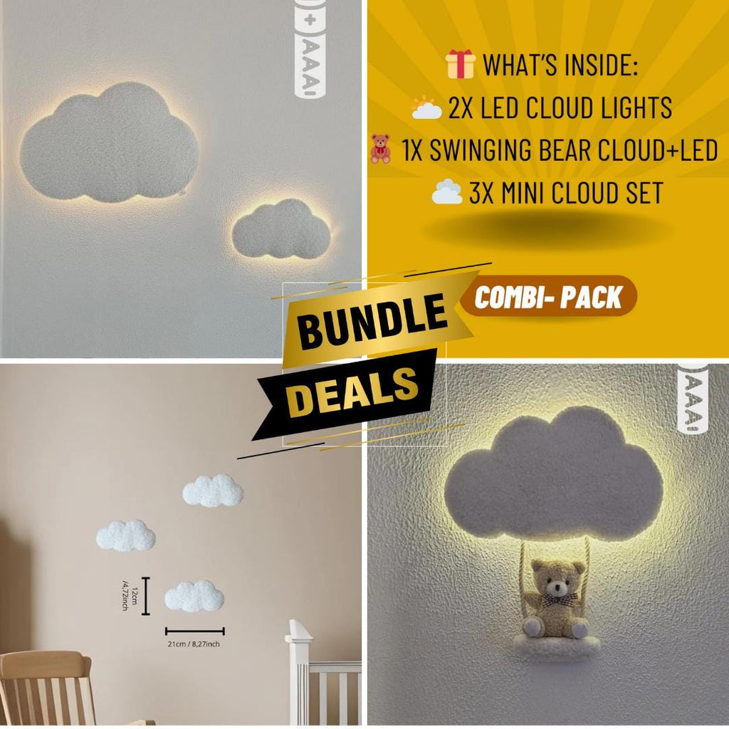 Zacht Wolken-Wandlicht Bundel – LED Wolk-Lampjes + Teddy aan Schommel – Handmade Babykamer Decoratie & Babyshower Cadeau