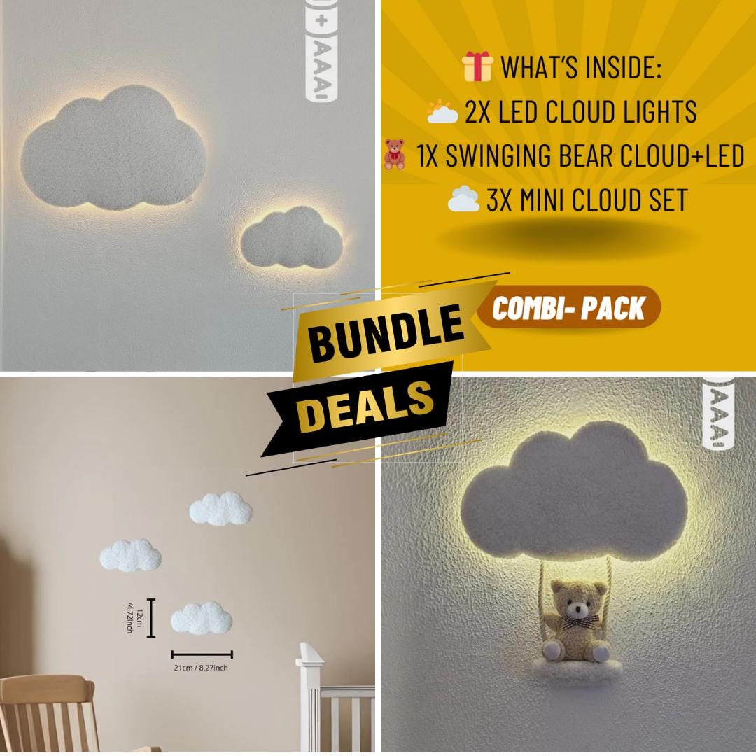 Zacht Wolken-Wandlicht Bundel – LED Wolk-Lampjes + Teddy aan Schommel – Handmade Babykamer Decoratie & Babyshower Cadeau