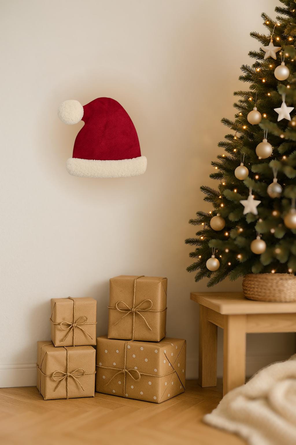 Santa Hat Christmas Wall Decoration 26x26cm Red Velvet Santa Cap with White Teddy Trim | Holiday Wall Decor for Nursery & Living Room