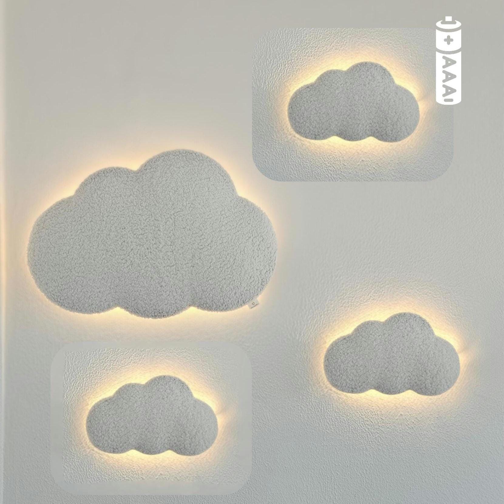 Set of 4 Cloud Wall Lamps with LED - 1 Large & 3 Medium - Nursery Night Light - Battery Operated - Baby Room Decor - Handmade Gift