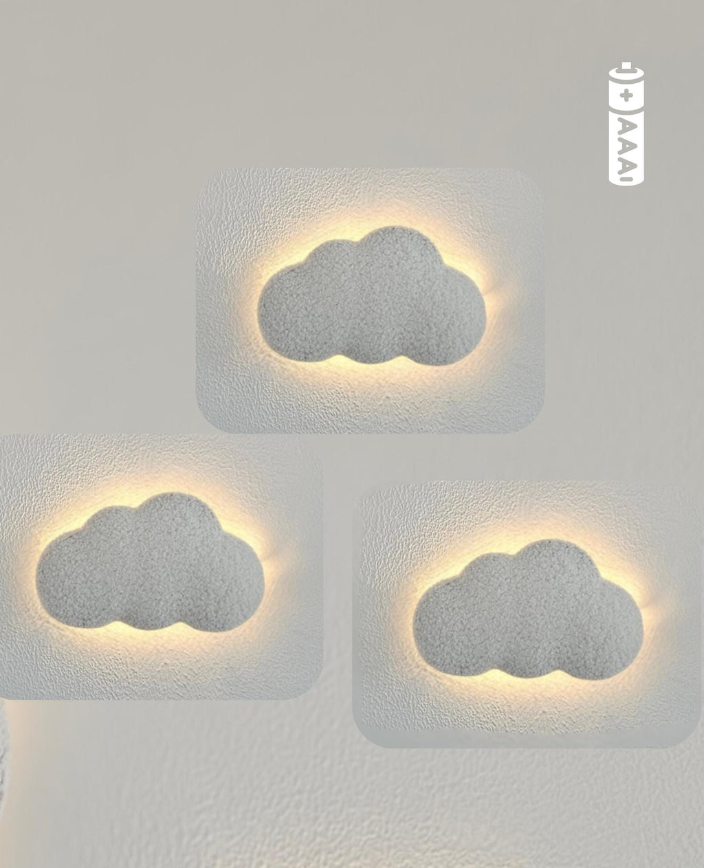 Set of 3 Cloud Wall Lamps with LED - Battery Night Light for Nursery - Soft Boucle Baby Room Decor - Handmade Kids Wall Lighting