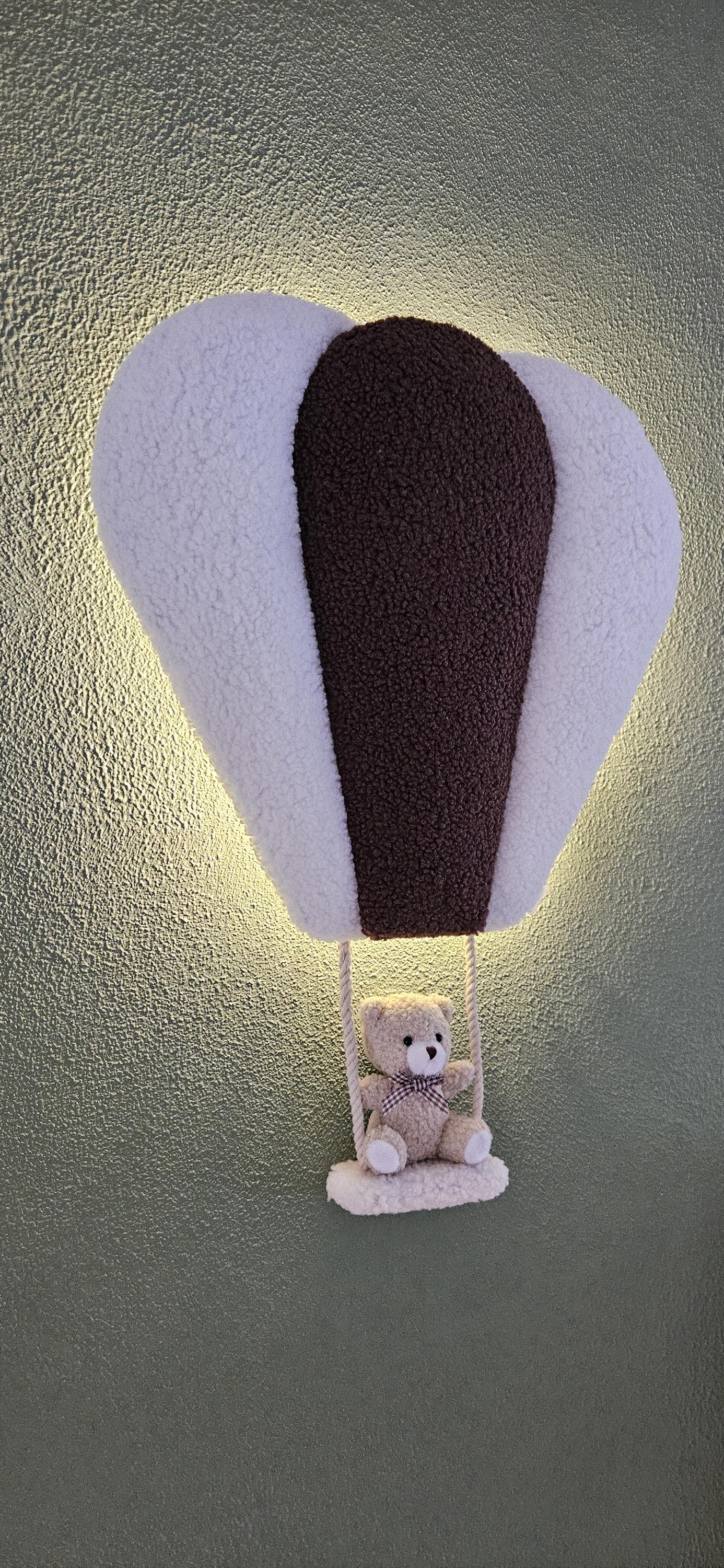Luchtballon Slaaplamp Babykamer met Beer Op Een Schommel, Op Batterij, Babyshower Cadeau, Wanddecoratie, Kraamcadeau bruin/wit