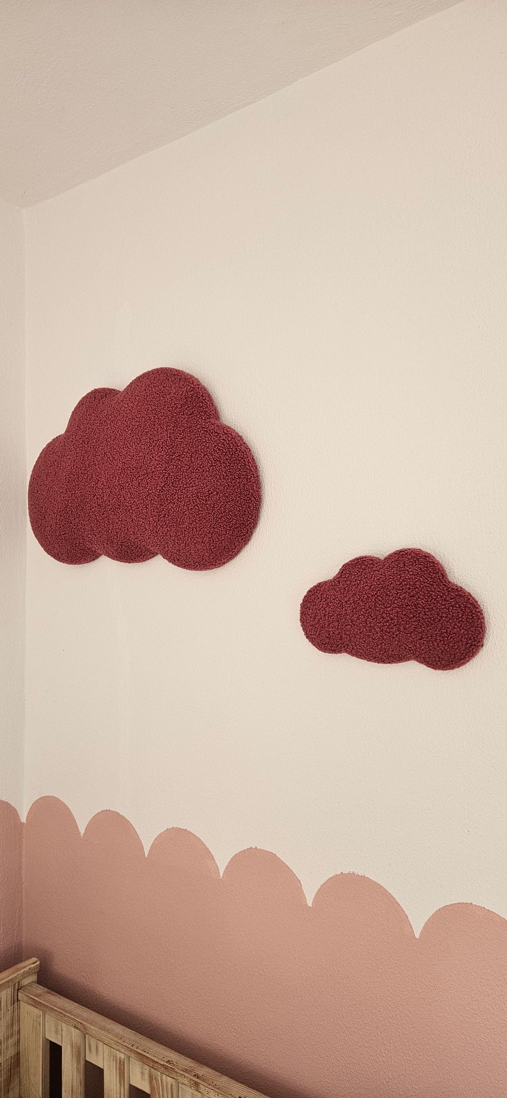 Set Babykamer wanddecoratie wolk donker oudroze boucle, kinderkamer deco, babyshower gift, baby wolken